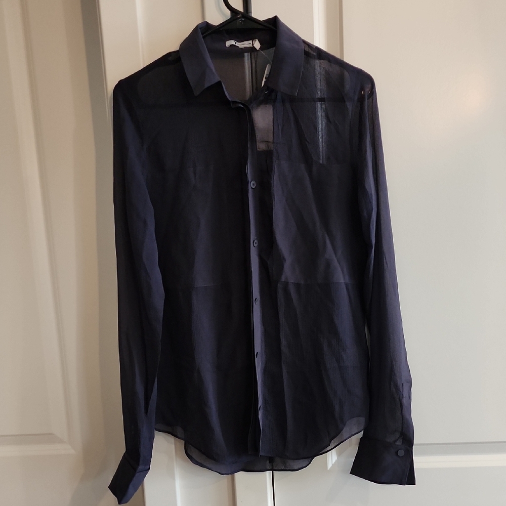 NWT T By Alexander Wang Womens Navy Sheer Button-Up Shirt  Xsmall
